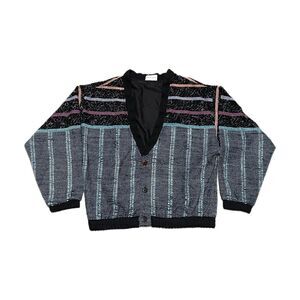 Vintage Allen‎ Wah Cardigan Mens M Sweater Striped 90s Cotton Blend Retro